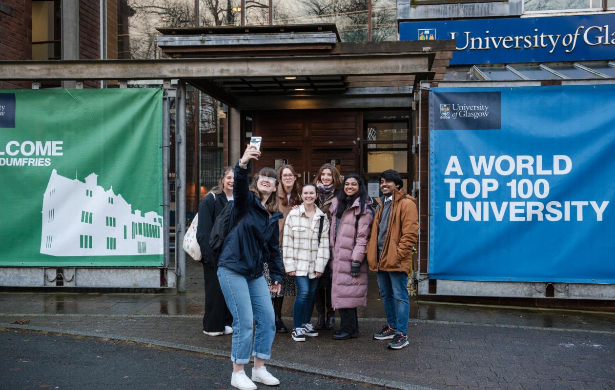 Students taking a selfie at University of Glasgow Dumfries campus